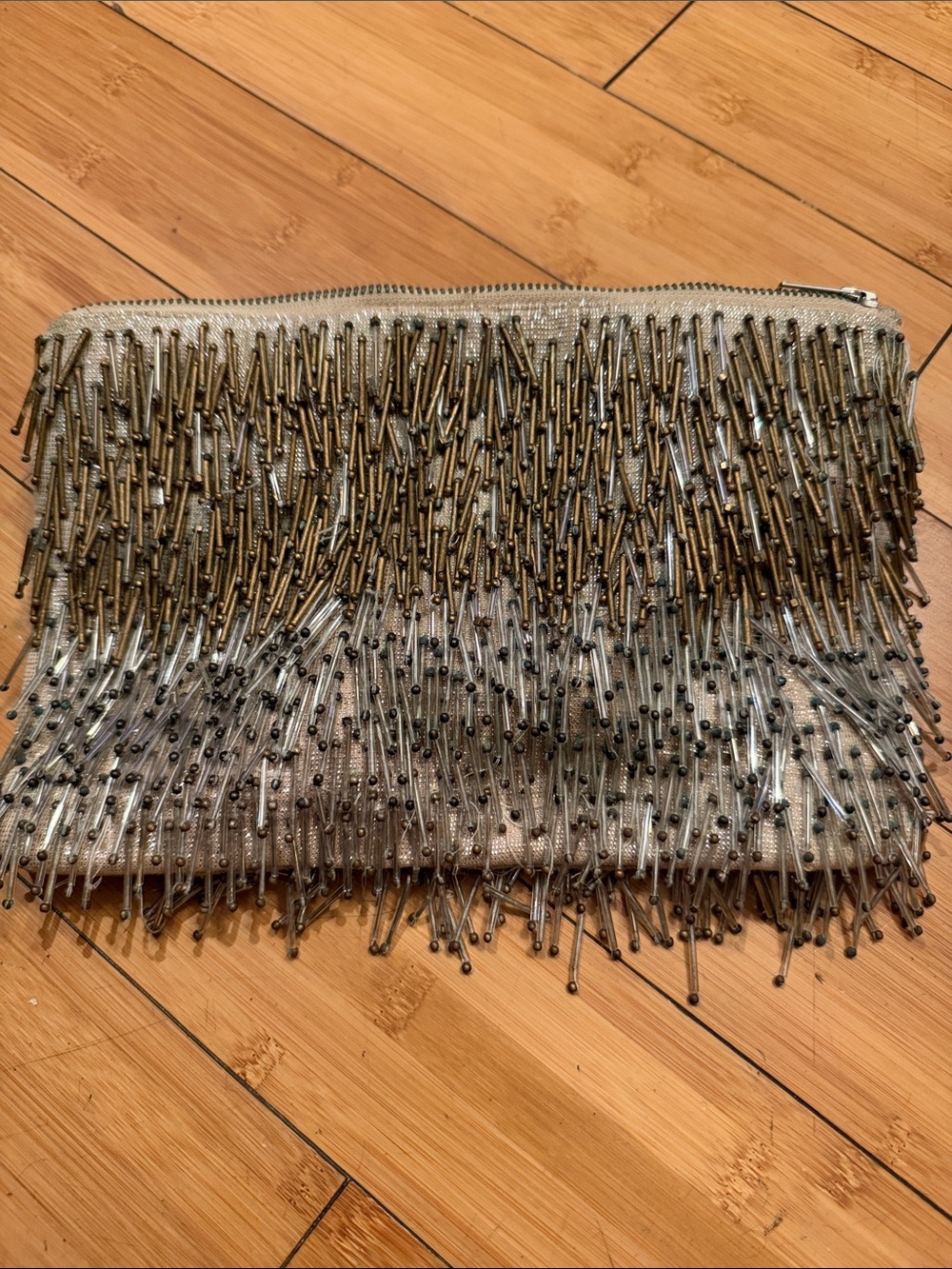 Miss Albright Vintage Beaded Fringe Metallic Silver Clutch